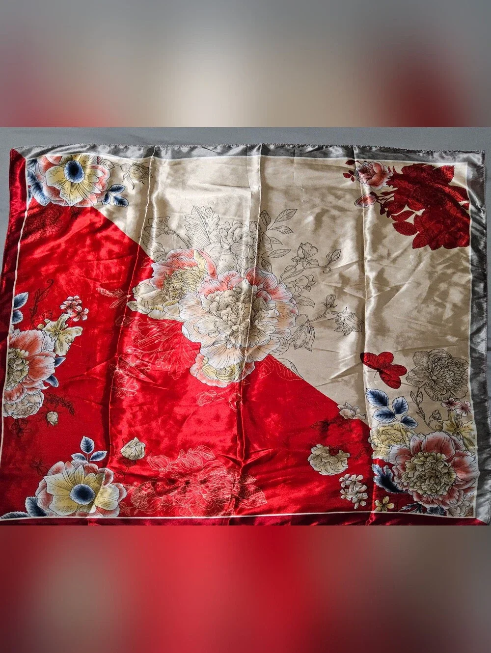 Floral Silky Satin Scarf in Red and Cream